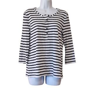 LOFT Outlet Womens Henley Top Size M White Black Striped 3/4 Sleeve Button Top